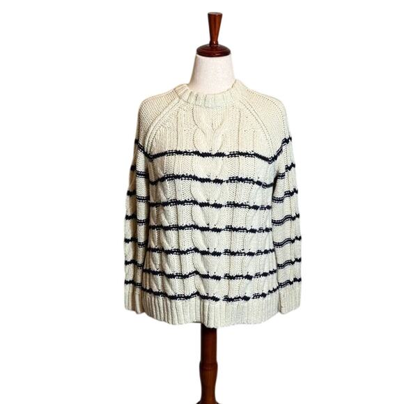 J. Jill sweater crew neck pull over cabled cream with navy blue stripes Sz M - Picture 1 of 7